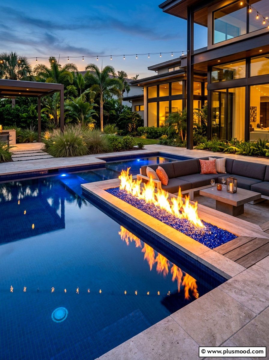 Poolside Fire Feature - 25 summer pool lighting ideas