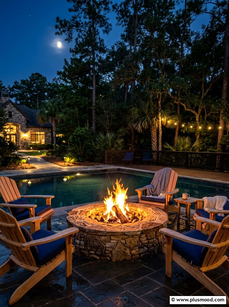 Poolside Fire Pit - 25 pool landscaping ideas with lighting