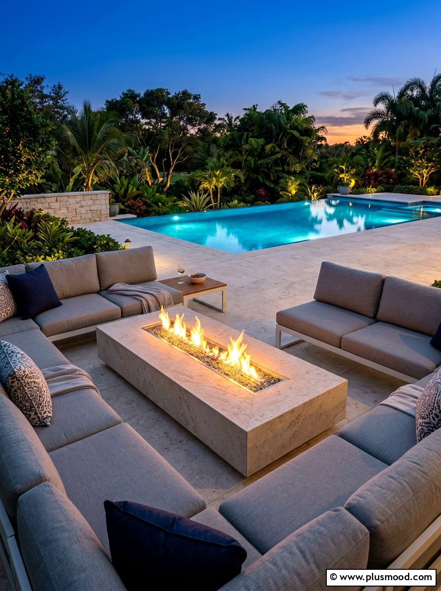 Poolside Fire Pit - 25 summer modern pool backyard ideas