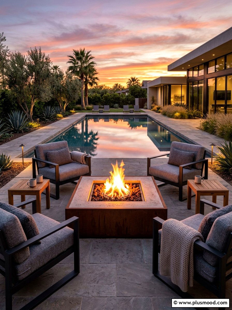 Poolside Fire Pit Area - 25 pool landscaping ideas for hot climates