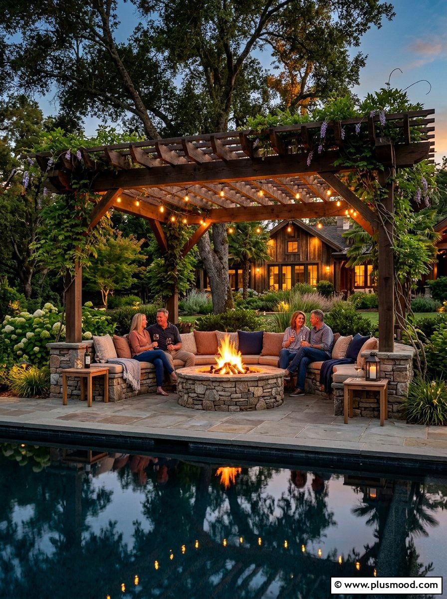 Poolside Fire Pit Pergola - 25 pool landscaping ideas with pergola and vines