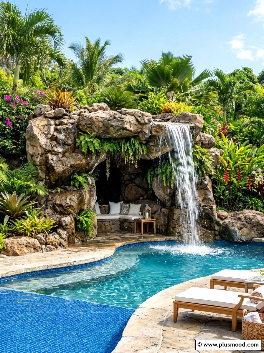 Poolside Grotto - 25 pool landscaping ideas for sloped yards