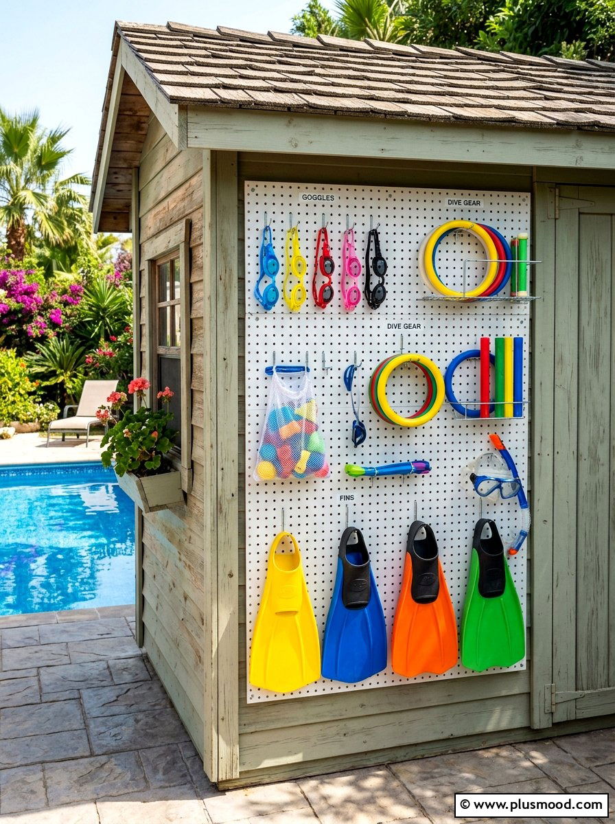 Poolside Pegboard Wall - 25 summer pool float storage ideas