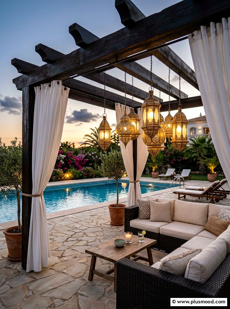 Poolside Pergola With Hanging Lanterns - 25 pool landscaping ideas with night lighting