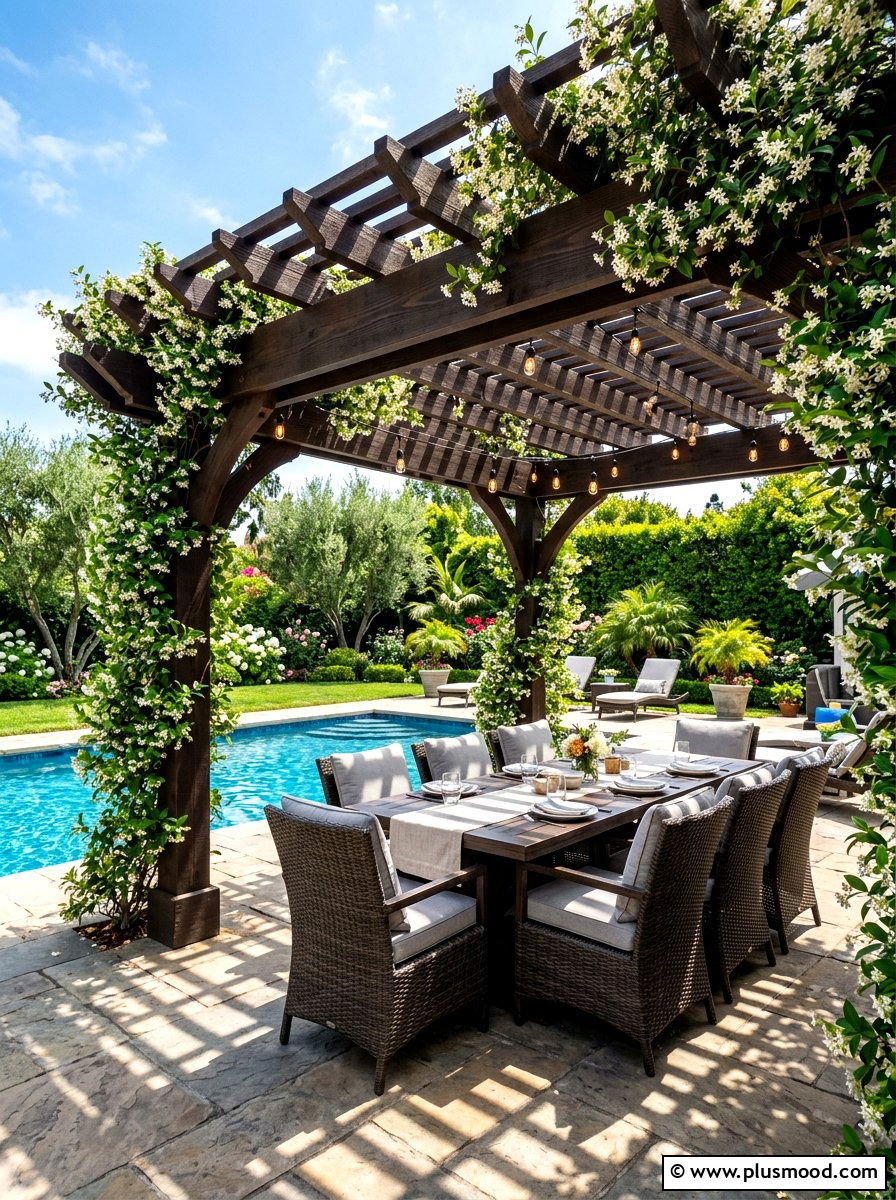 Poolside Pergola - 25 summer pool lounge area ideas