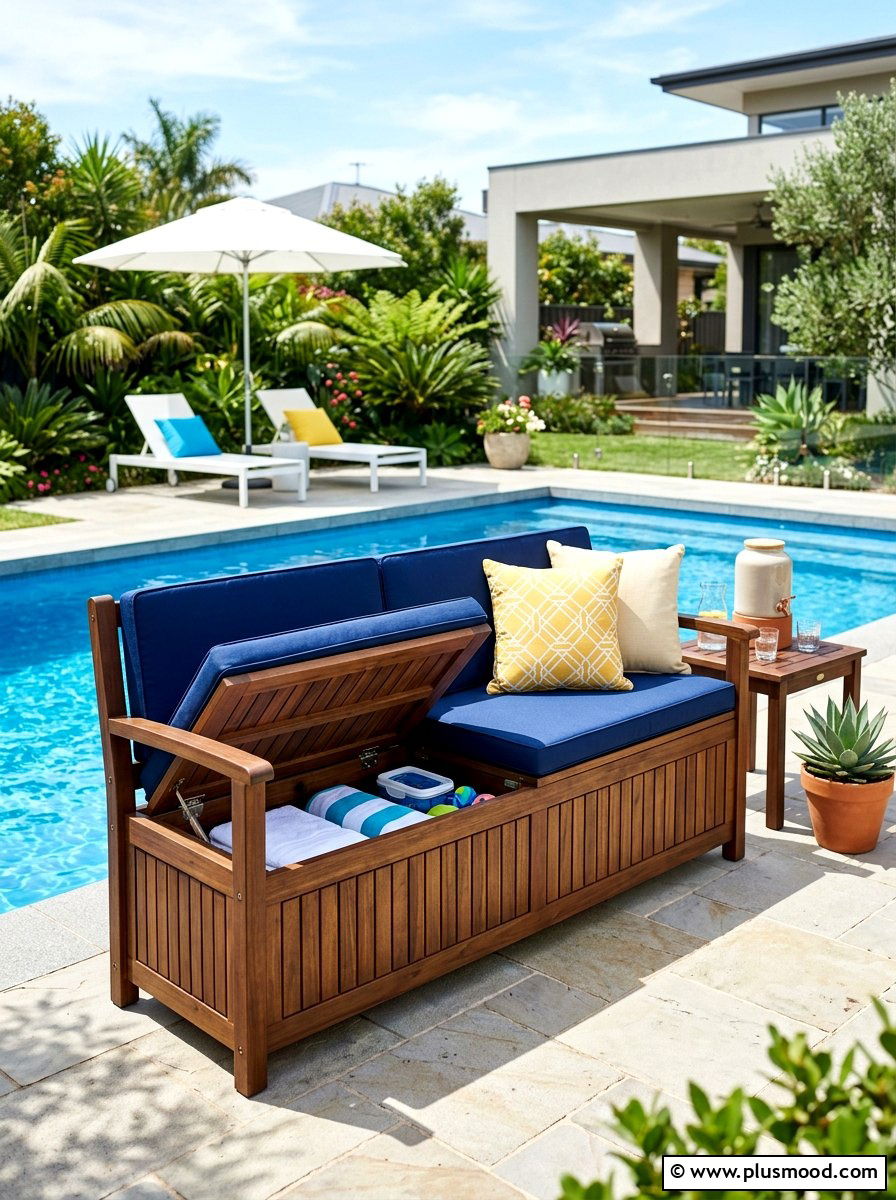 Poolside Storage Bench - 25 summer pool float storage ideas