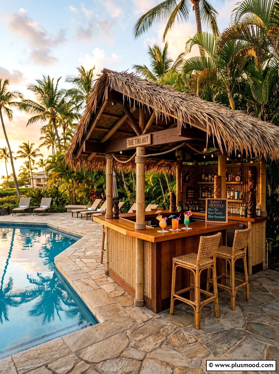 Poolside Tiki Hut Bar - 25 pool landscaping ideas with tropical theme