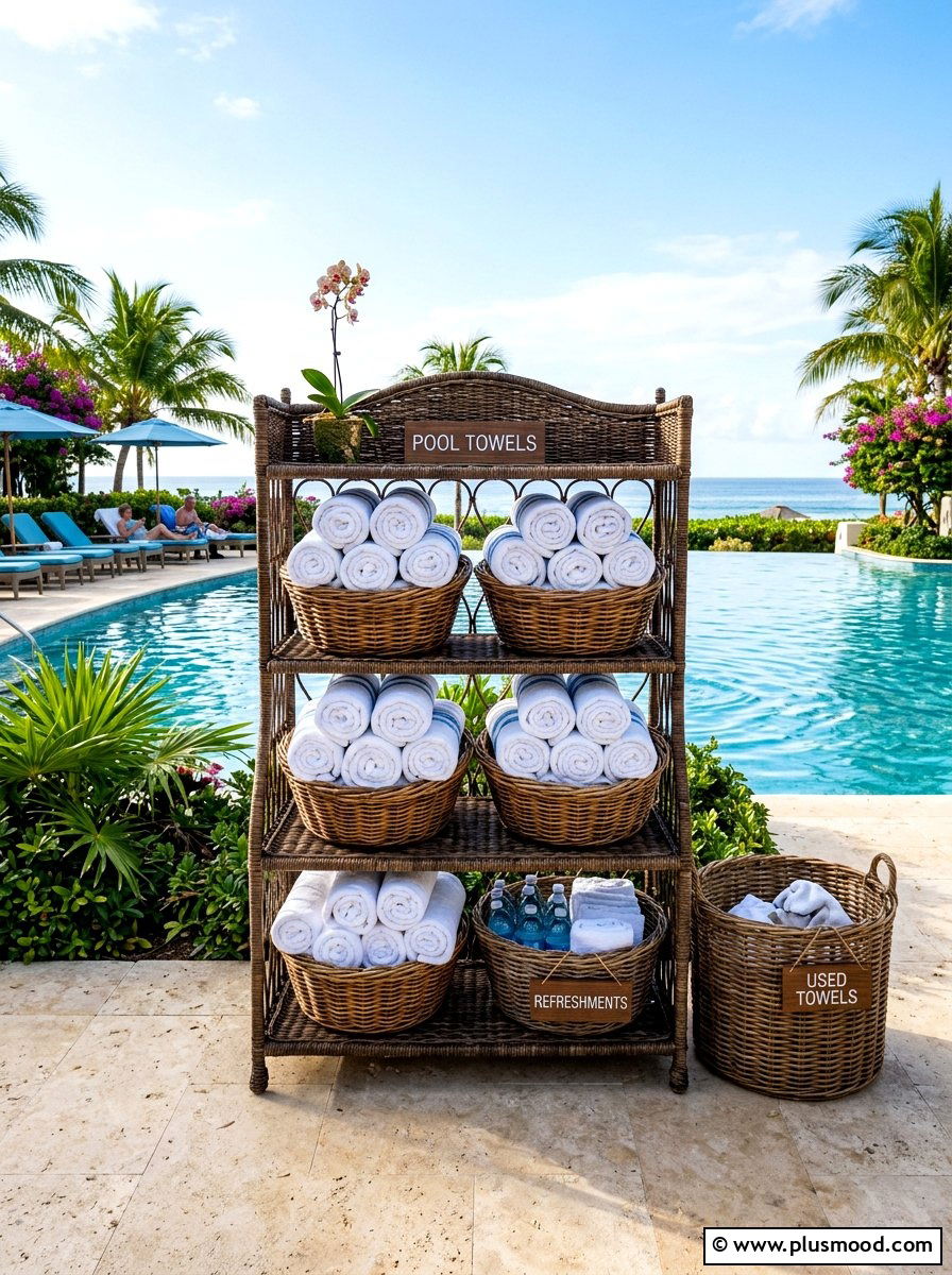 Poolside Towel Basket Display - 25 summer pool party decor ideas