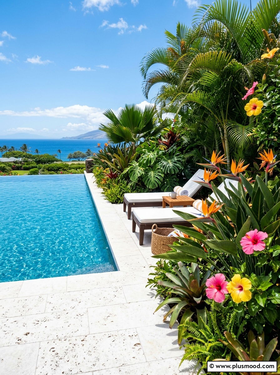 Poolside Tropical Plant Arrangement - 25 outdoor garden decor ideas with tropical plants