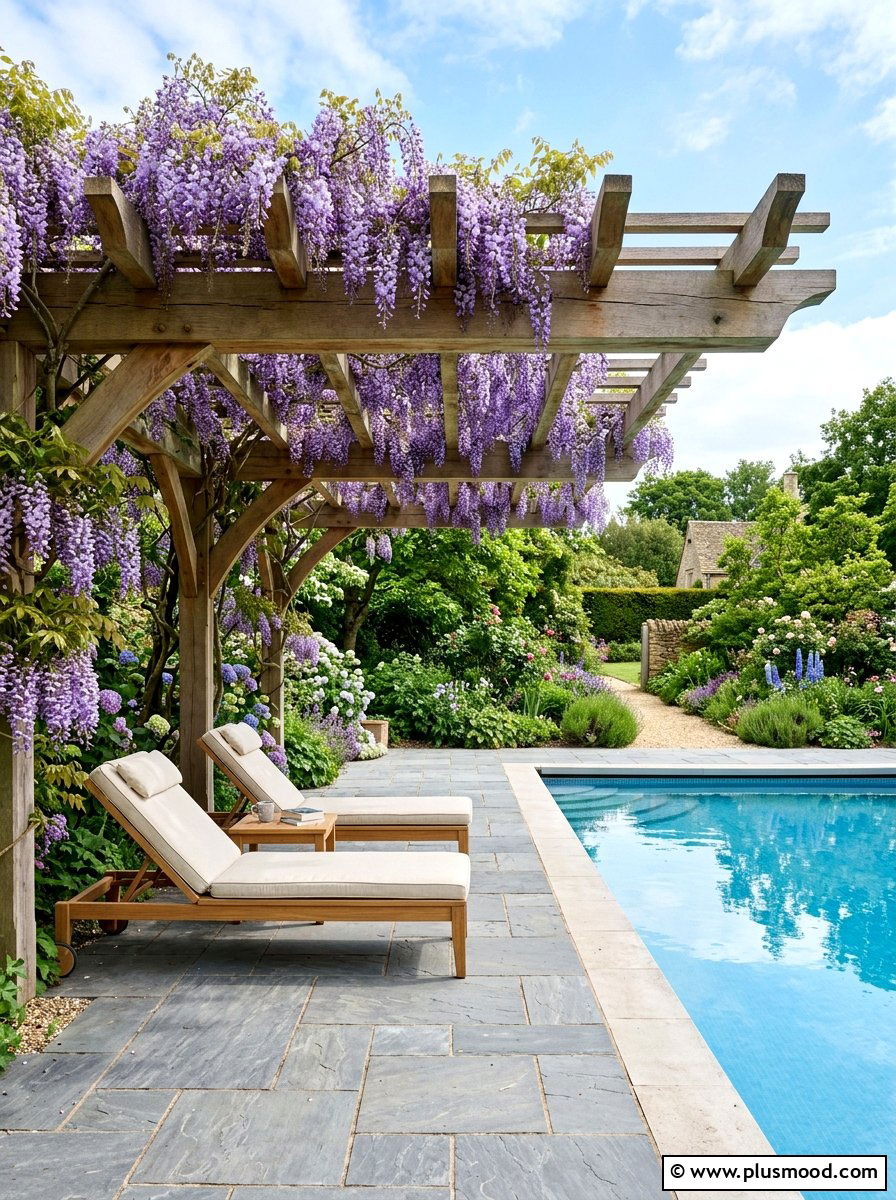 Poolside Wisteria Pergola - 25 pool landscaping ideas with pergola and vines