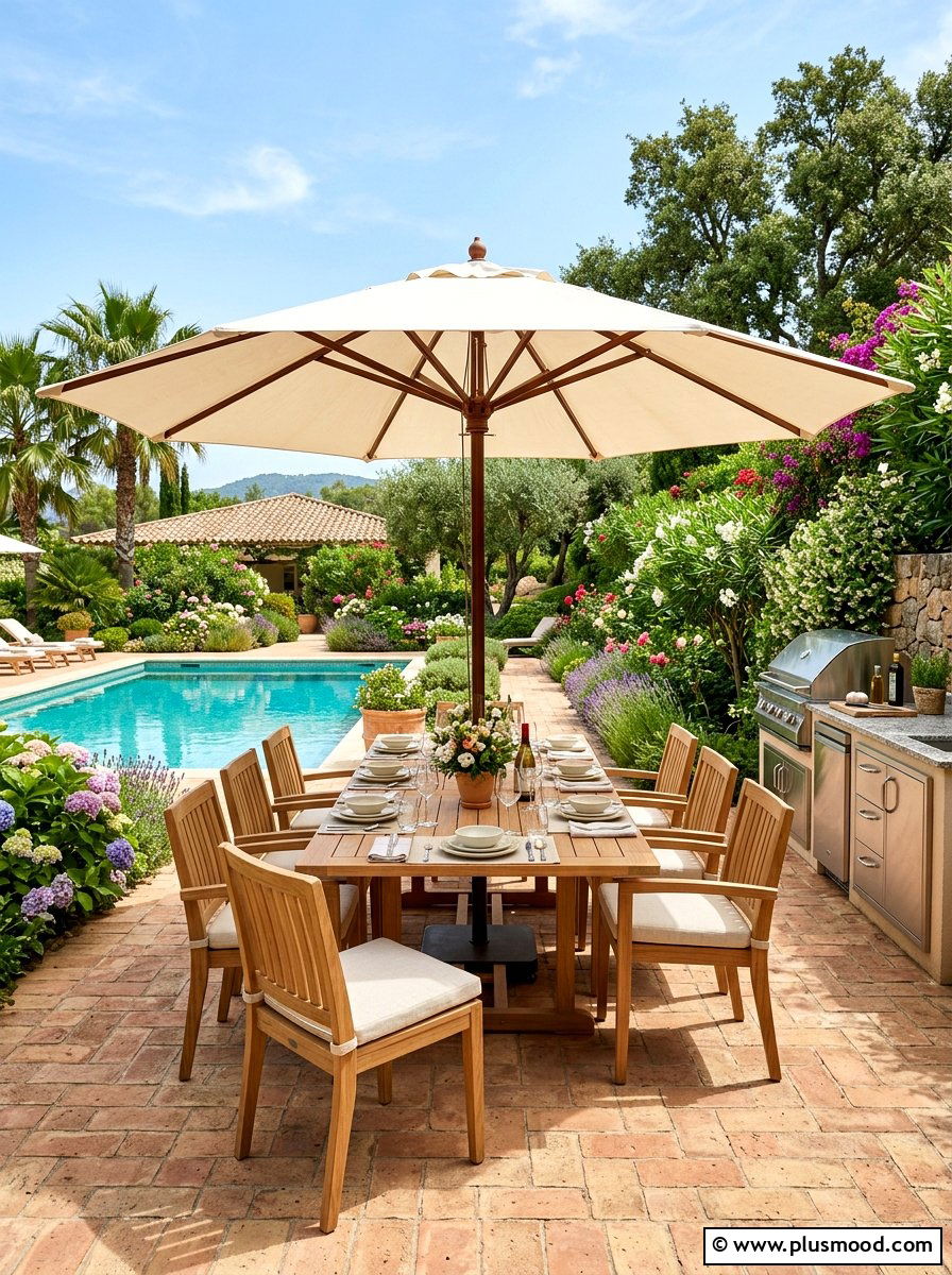 Poolside dining area - 25 pool landscaping ideas with outdoor seating