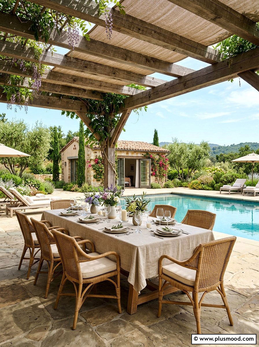 Poolside dining under pergola - 25 pool landscaping ideas with pergola shade