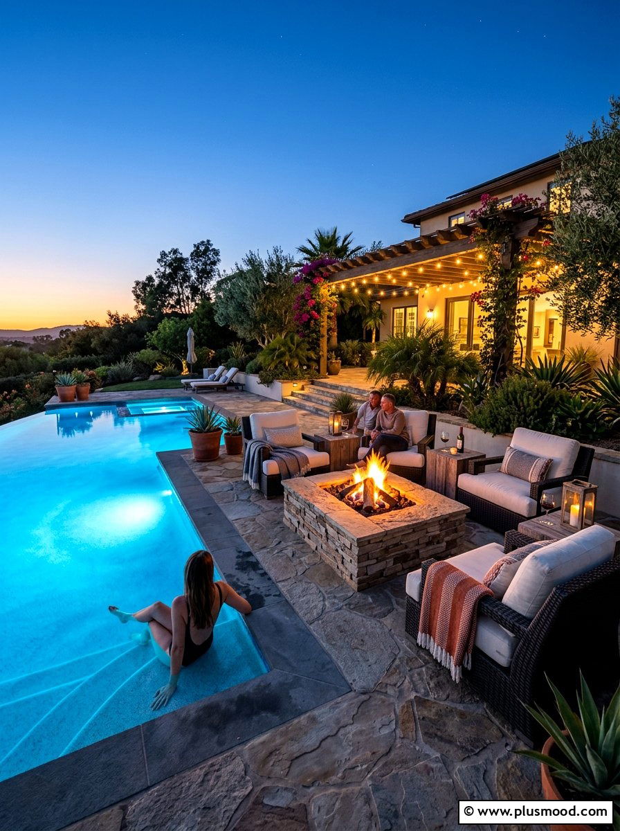 Poolside fire pit area - 25 pool landscaping ideas for saltwater pools