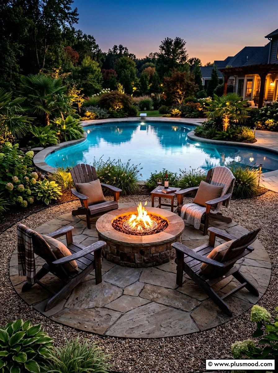 Poolside fire pit area - 25 pool landscaping ideas with outdoor seating