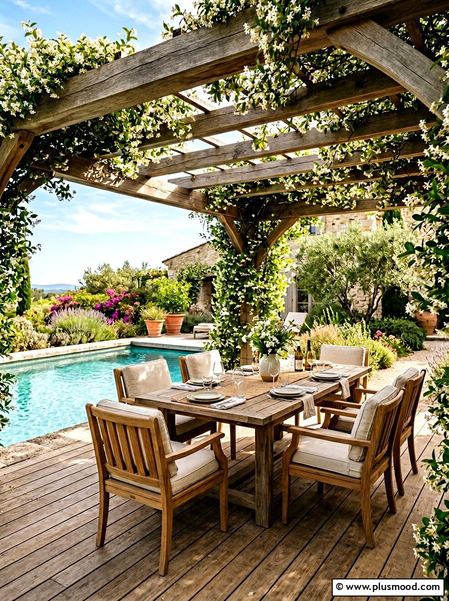 Poolside pergola seating - 25 pool landscaping ideas with outdoor seating