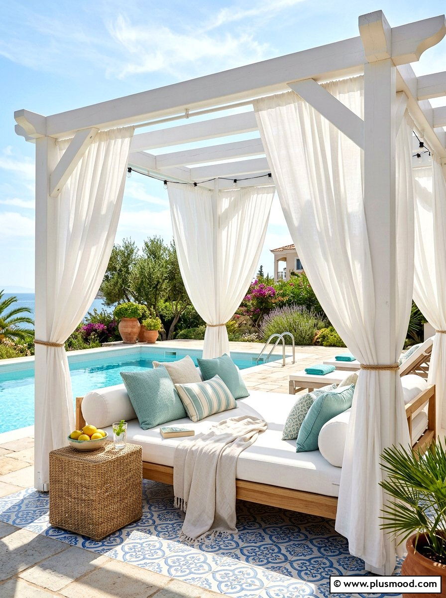 Poolside pergola with curtains - 25 pool landscaping ideas with pergola shade