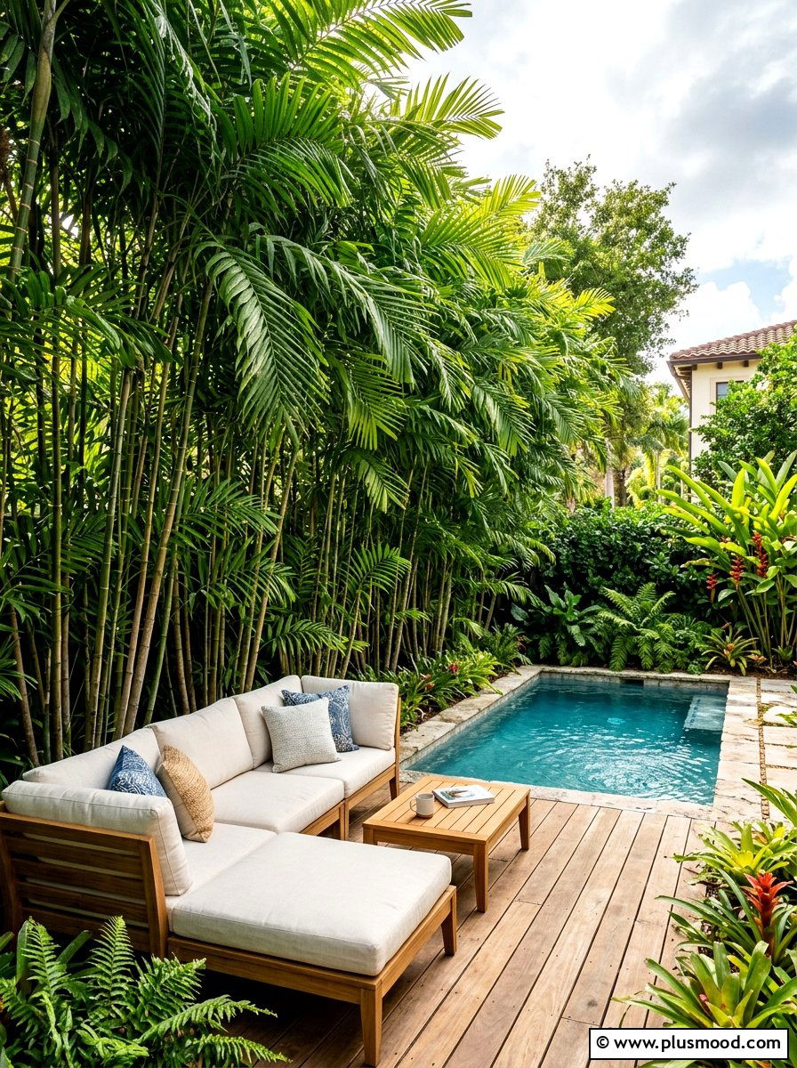 Poolside privacy hedge with bamboo palms - 25 summer pool landscaping ideas with palms