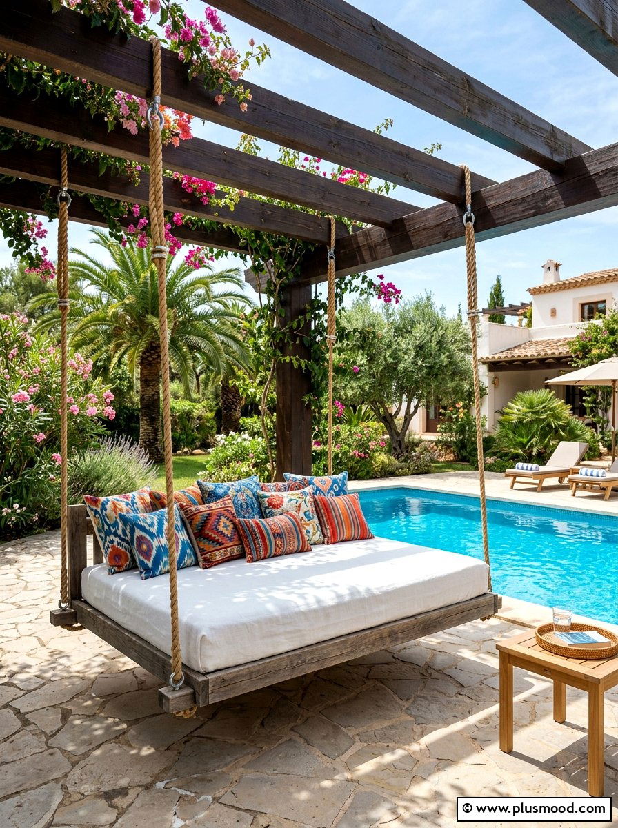Poolside swing bed - 25 summer cozy poolside nook ideas