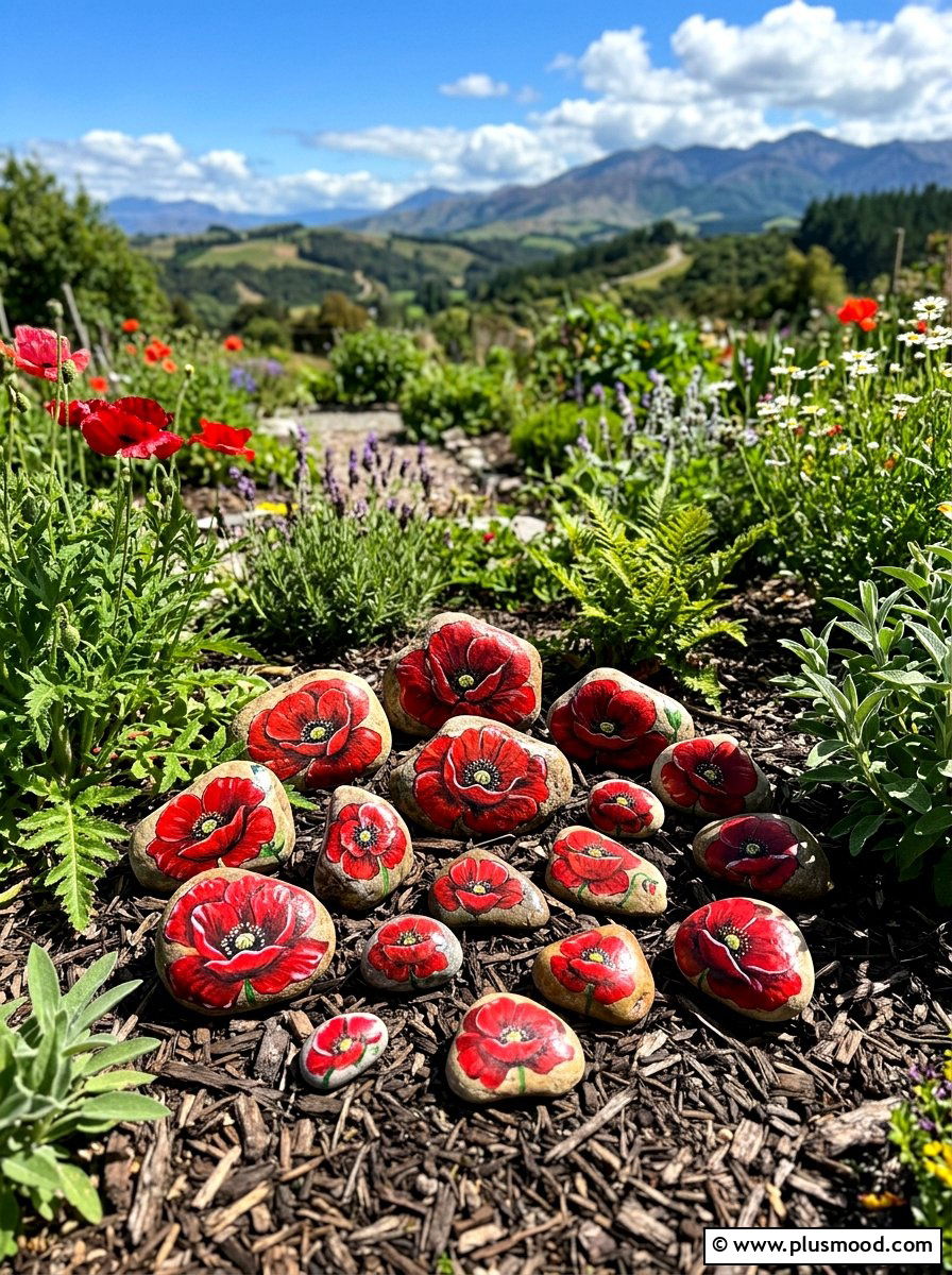 Poppy Flower Rock - 25 painted rock ideas with flowers