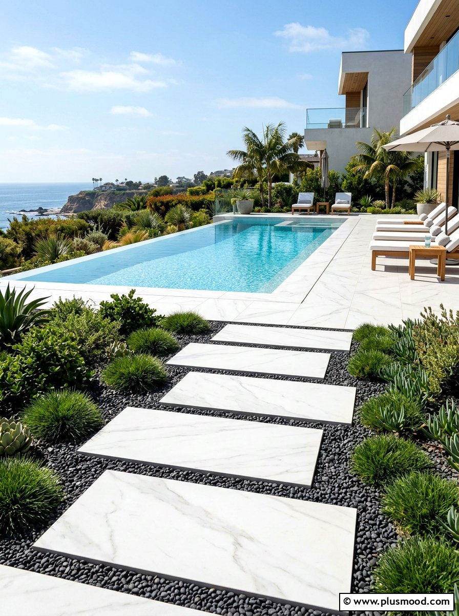 Porcelain outdoor pavers - 25 pool landscaping ideas with stepping stones