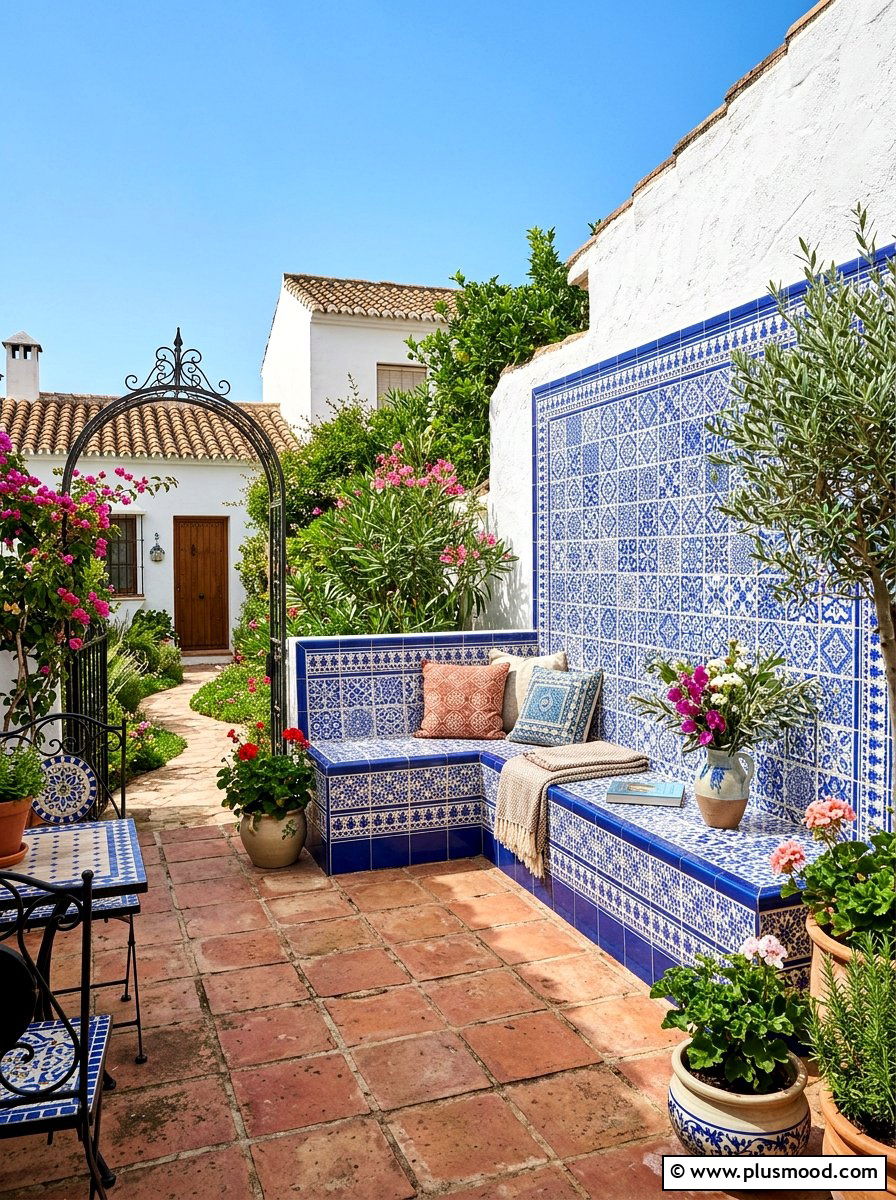 Porcelain tile wall bench - 25 small backyard ideas with seating wall
