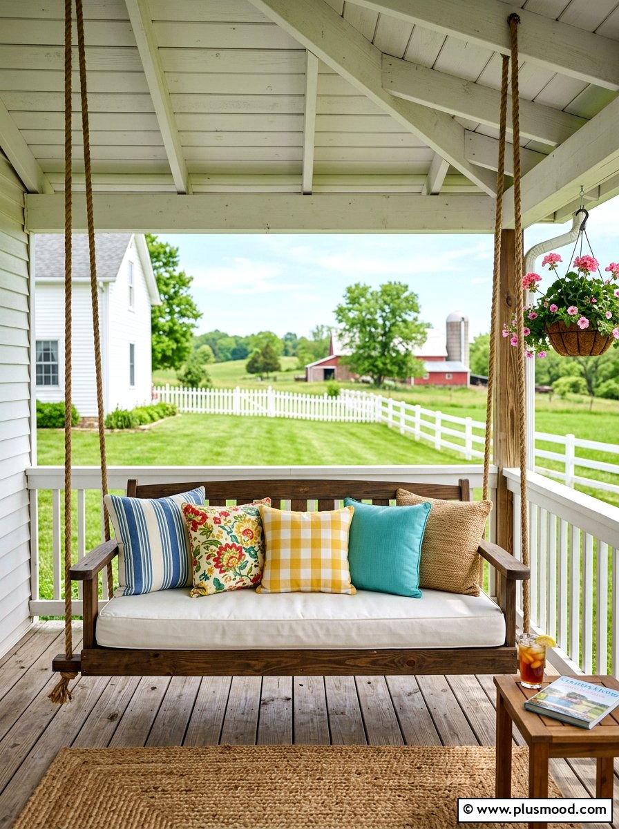 Porch Swing Seating - 25 summer farmhouse curb appeal ideas