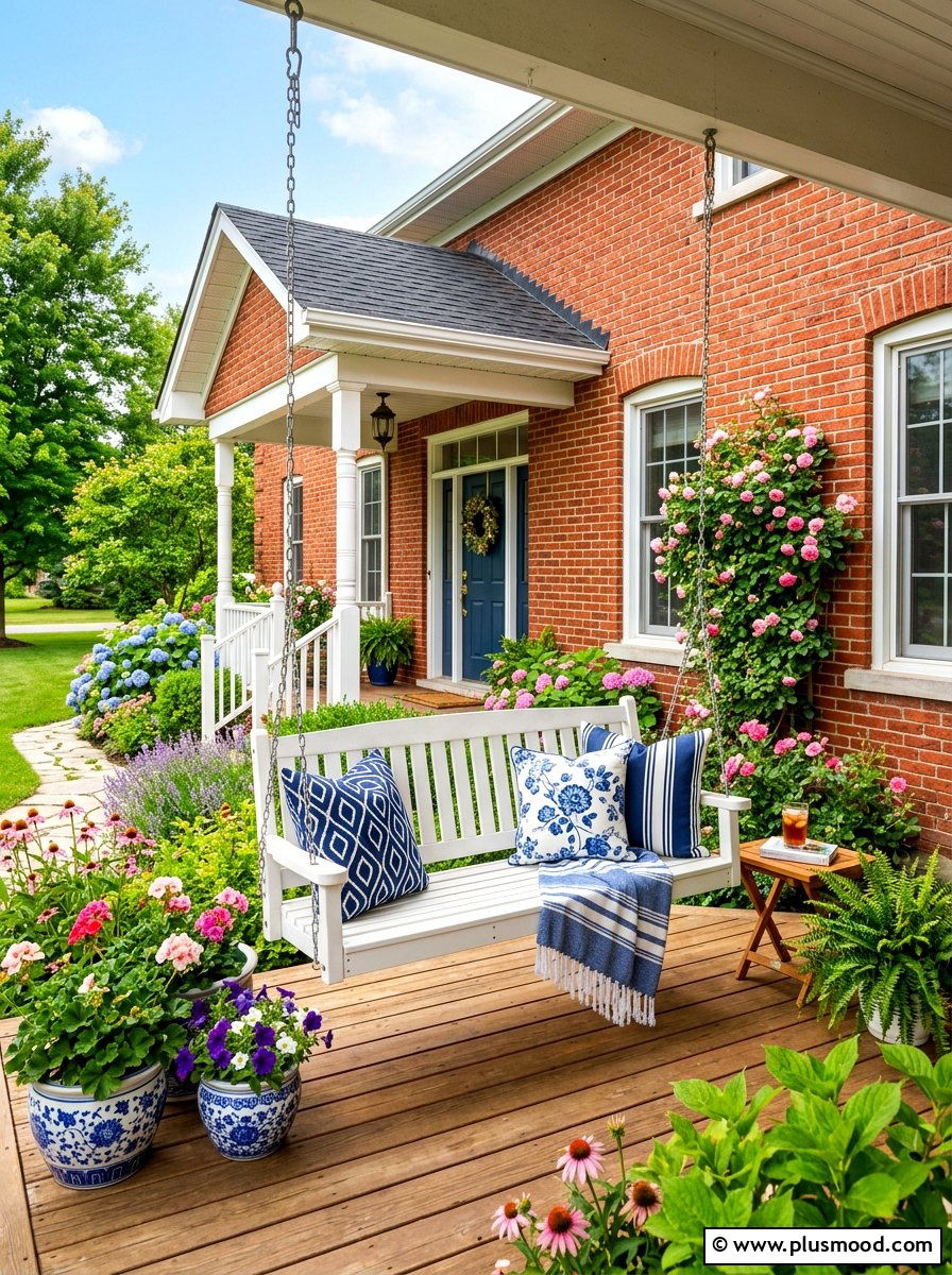Porch Swing Seating - 25 summer brick house curb appeal ideas