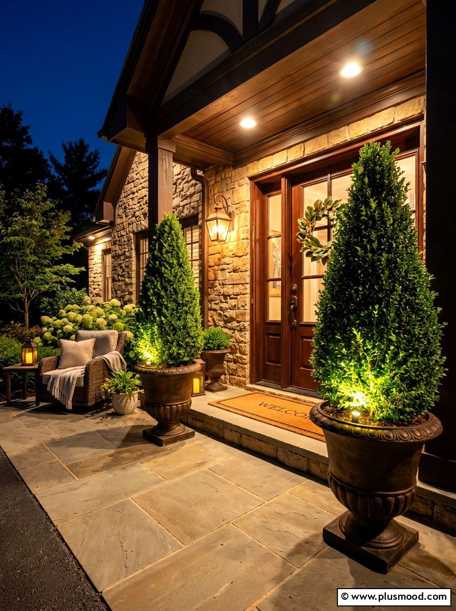 Porch lighting and topiaries - 25 summer front porch decor ideas with topiaries
