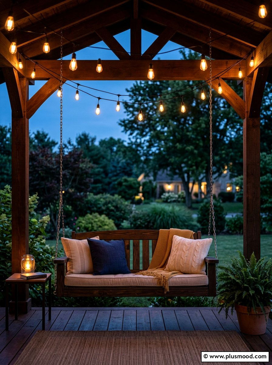 Porch swing string lights - 25 summer porch swing curb appeal ideas