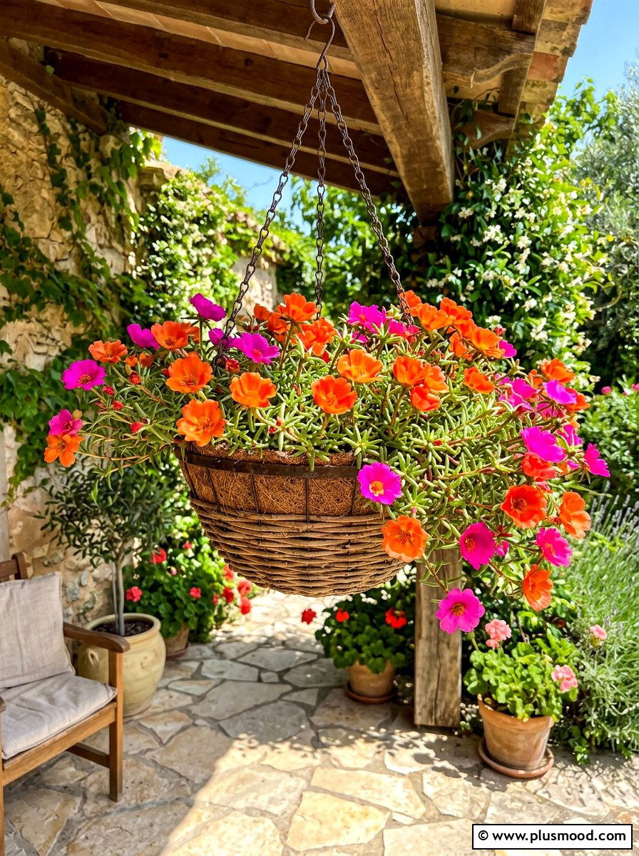 Portulaca moss rose hanging basket - 25 summer front porch decor ideas with hanging baskets