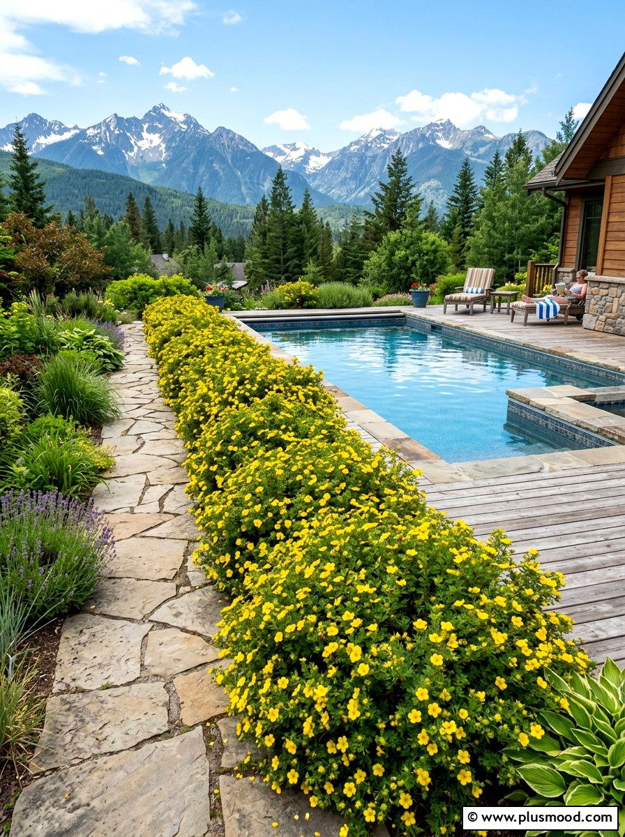 Potentilla hardy shrub border - 25 pool landscaping ideas with shrubs