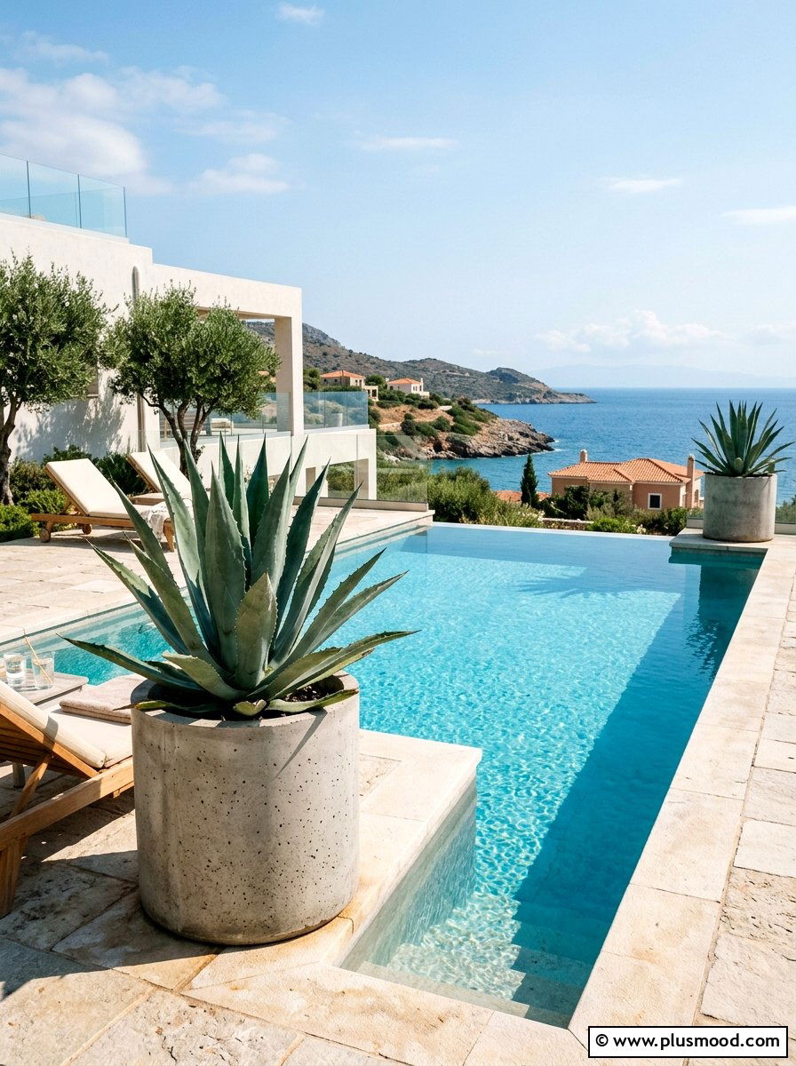Potted Agave Pool Accent - 25 pool landscaping ideas for Mediterranean style