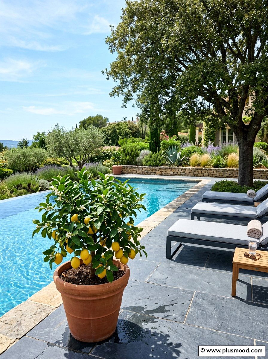 Potted Citrus Tree Pool Space - 25 pool landscaping ideas with shade trees