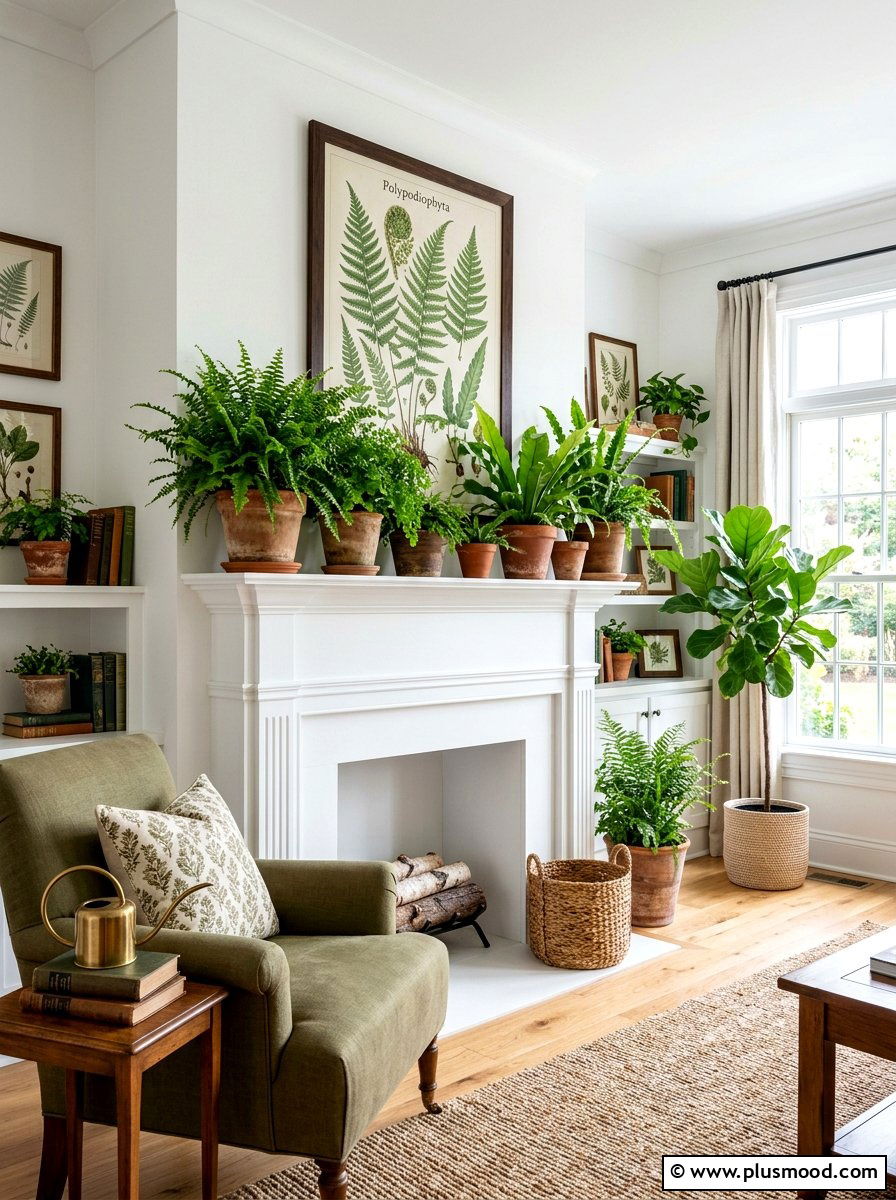 Potted Fern Mantel - 25 summer to fall mantel ideas