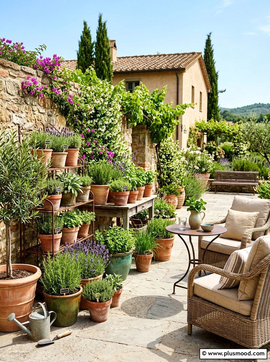 Potted Herb Patio - 25 small backyard ideas with herb garden