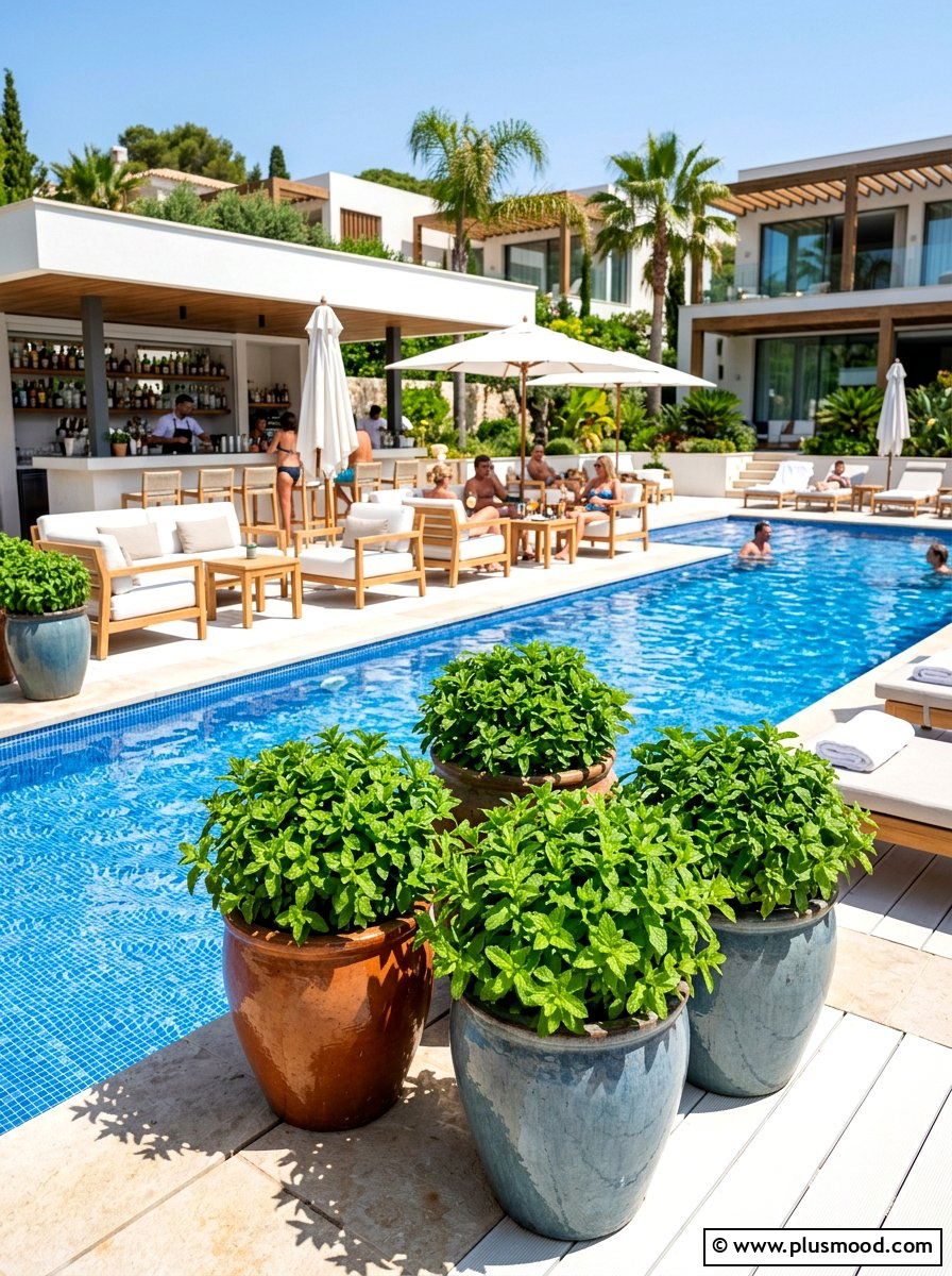 Potted Mint Pool Area - 25 pool landscaping ideas with herbs
