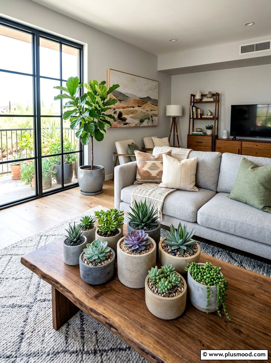 Potted Succulent Display - 25 summer shelf styling ideas for living room