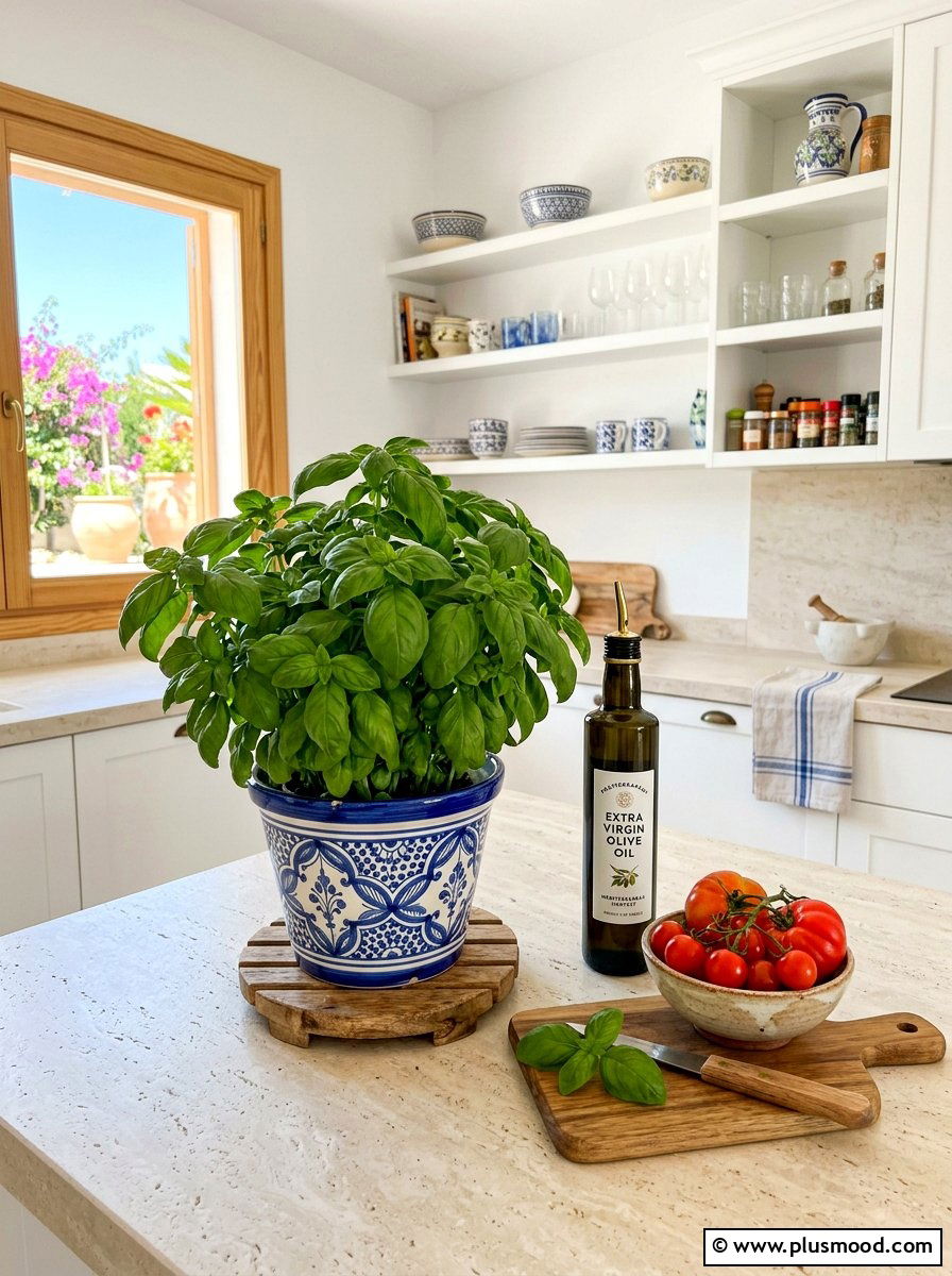 Potted basil countertop garden - 25 summer greenery kitchen decor ideas