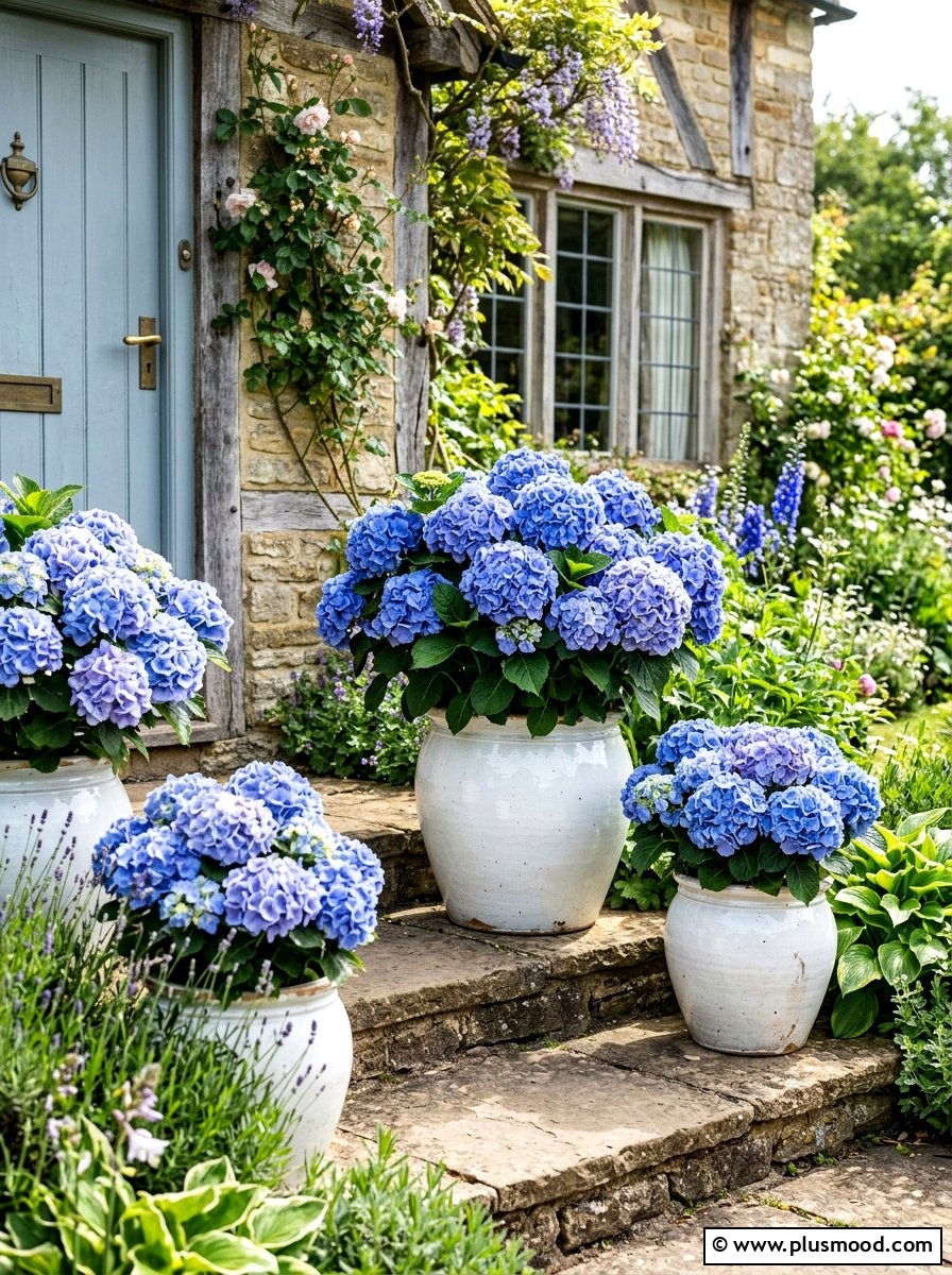 Potted blue hydrangeas - 25 summer cottage curb appeal ideas