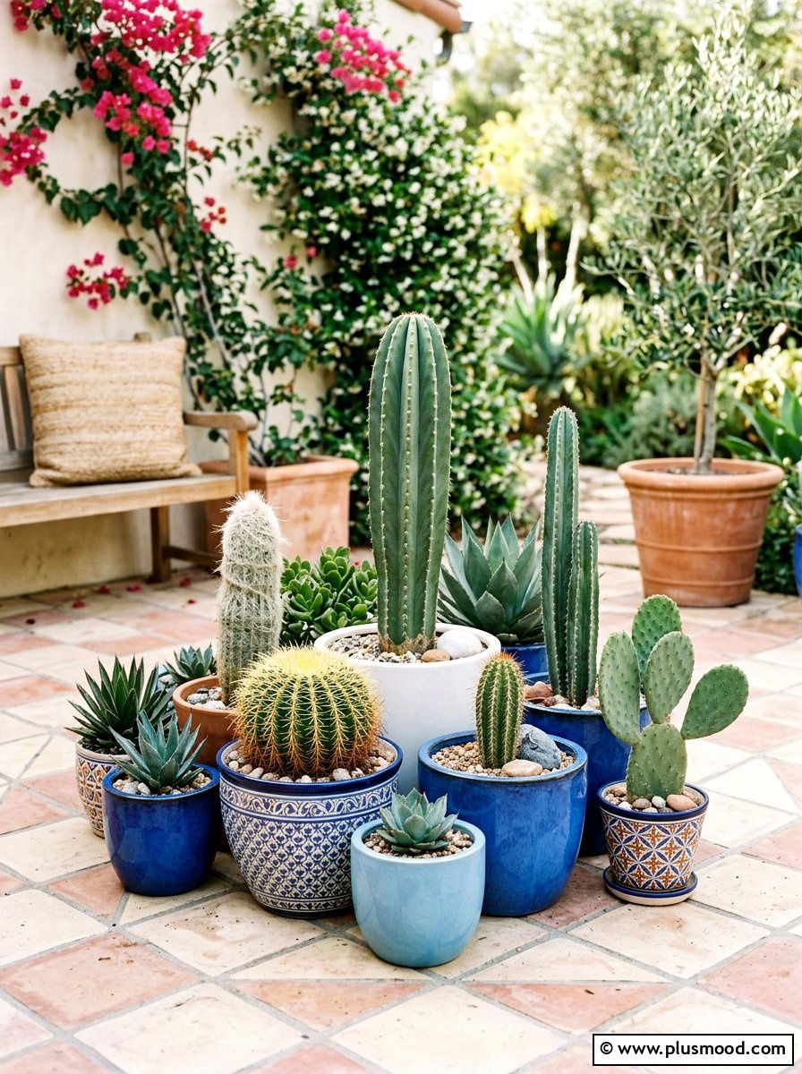 Potted cactus arrangement - 25 small backyard ideas with cactus garden