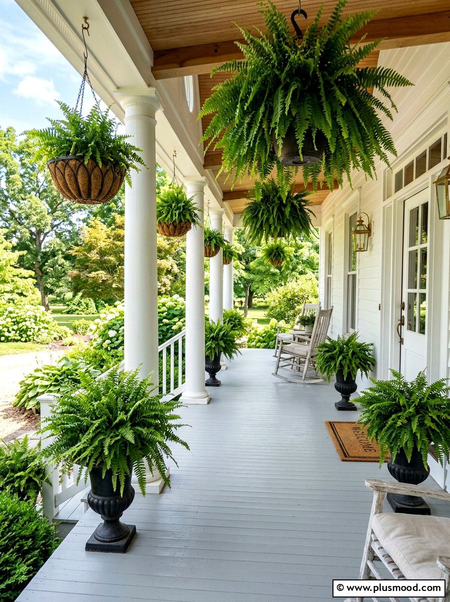 Potted ferns for porch greenery - 25 summer farmhouse porch ideas