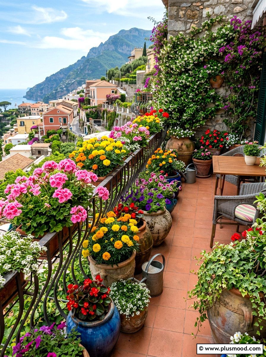 Potted flowers and greenery - 25 summer balcony ideas on a budget