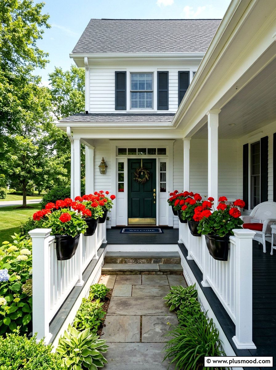 Potted geranium railing - 25 summer porch rail decor ideas