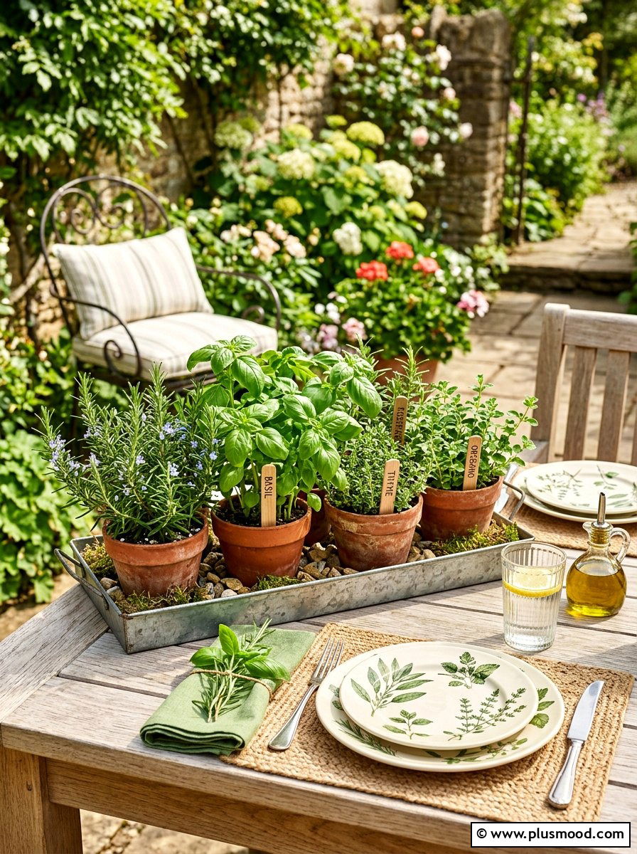 Potted herb garden centerpiece - 25 summer outdoor centerpiece ideas