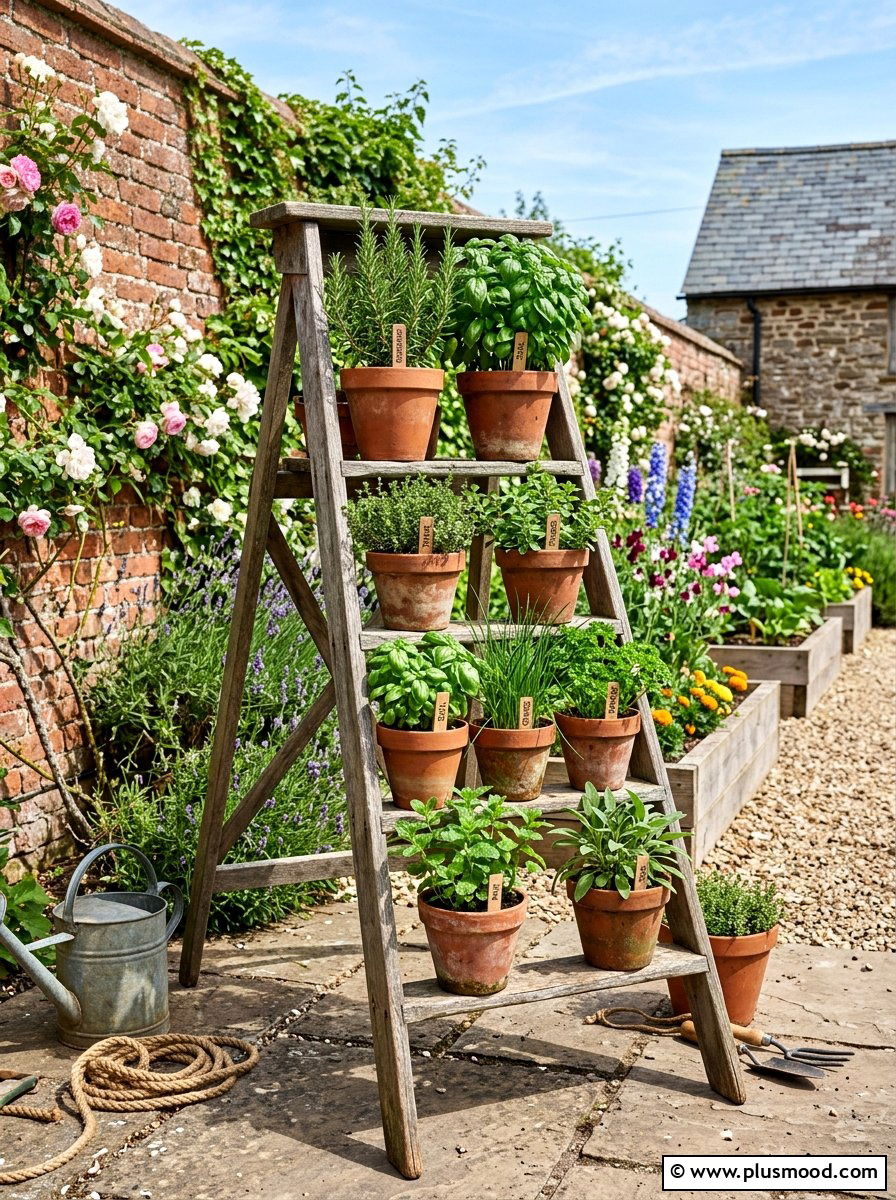 Potted herb garden on ladder - 25 summer rustic backyard ideas