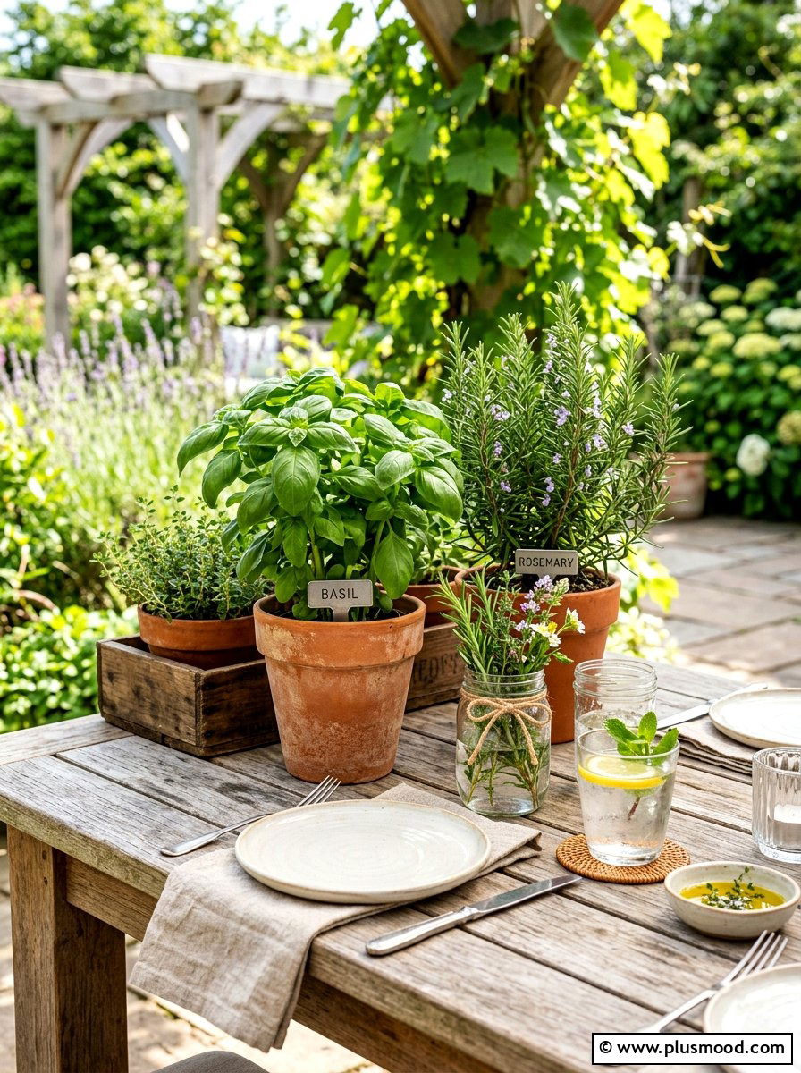 Potted herb table centerpiece - 25 summer farmhouse outdoor entertaining ideas