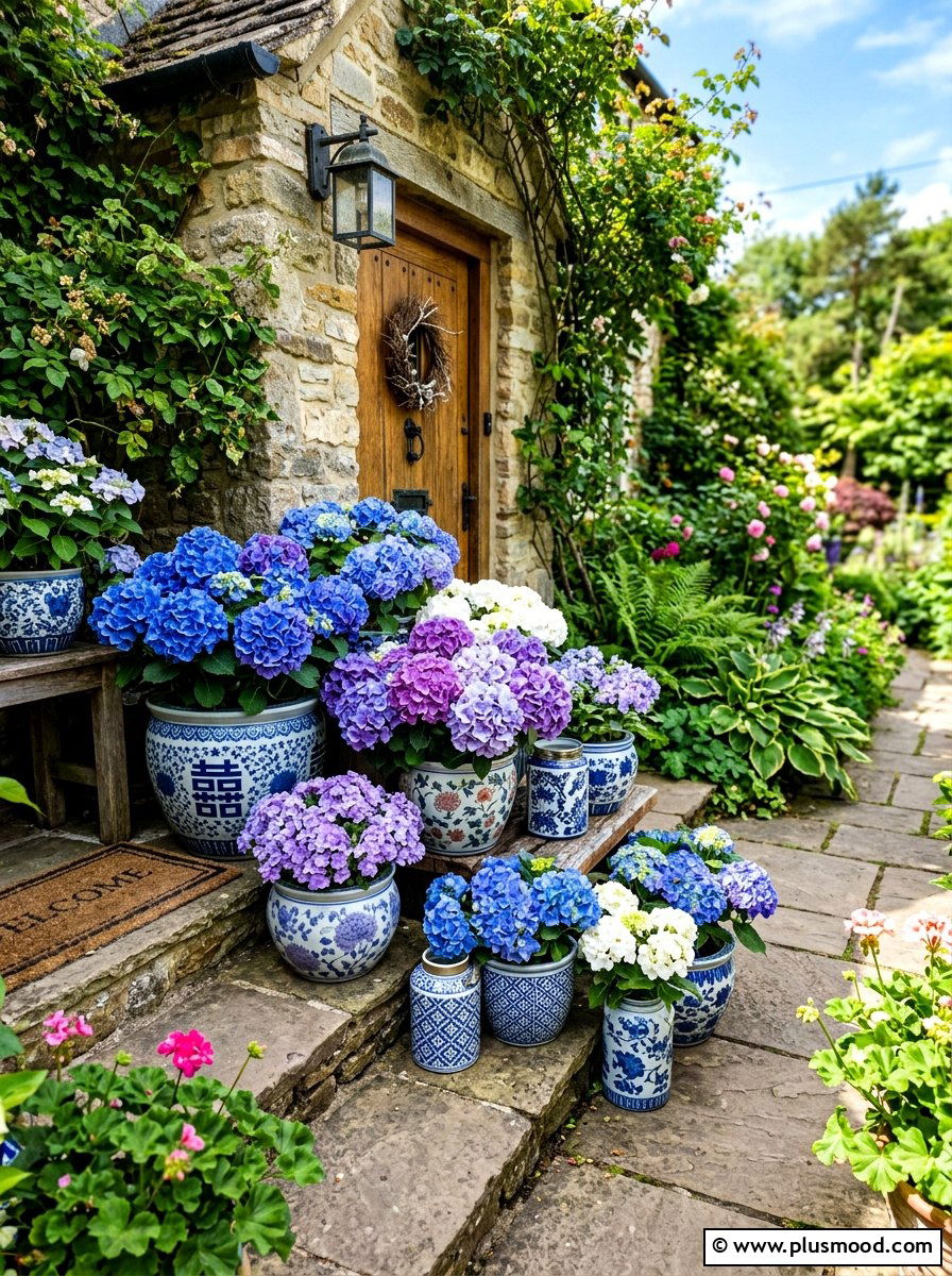 Potted hydrangea entryway display - 25 summer front porch decor ideas with hydrangeas