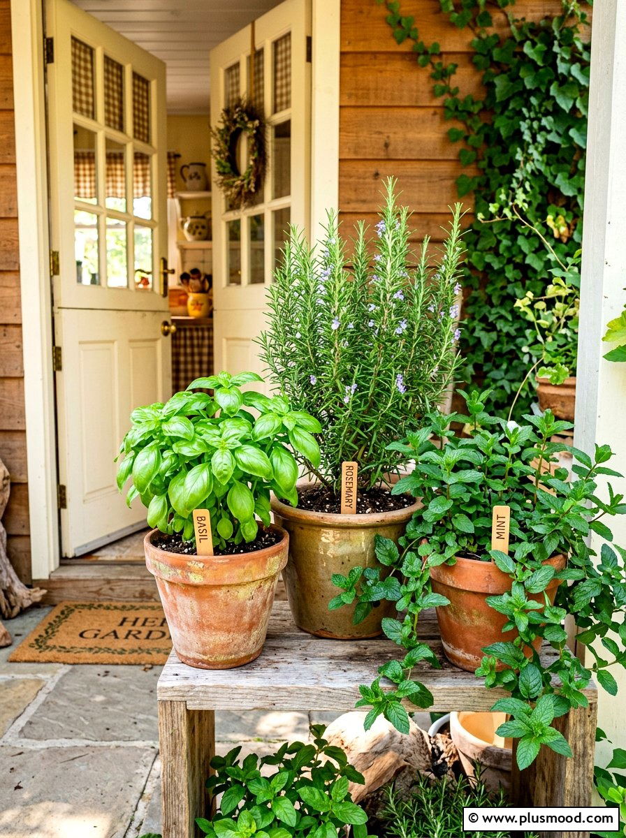 Potted kitchen herb garden - 25 summer front porch planter ideas