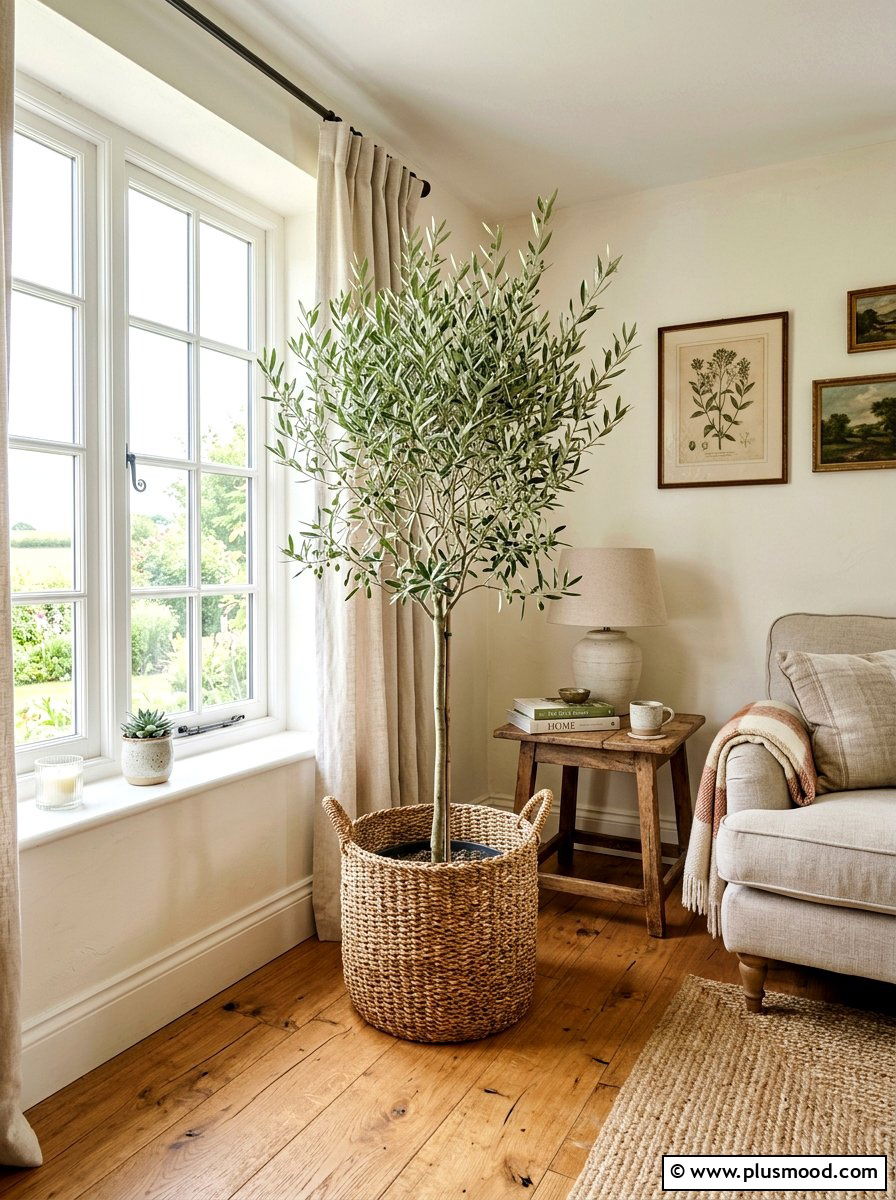 Potted olive tree corner - 25 late summer farmhouse decor ideas