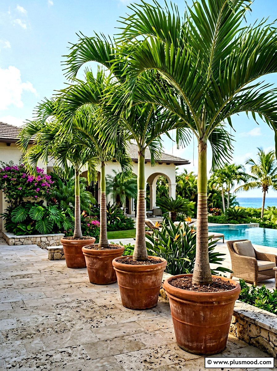 Potted palm trees - 25 small backyard ideas for tropical theme